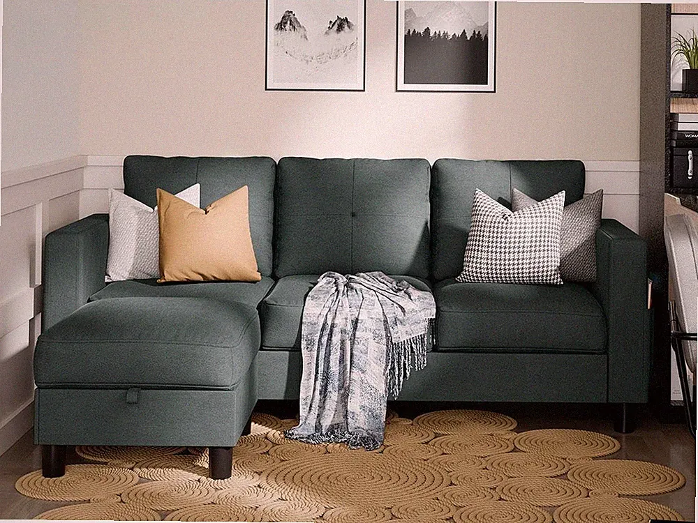 L Shaped Convertible Sectional Couch with Storage Ottoman - Dark Grey Linen