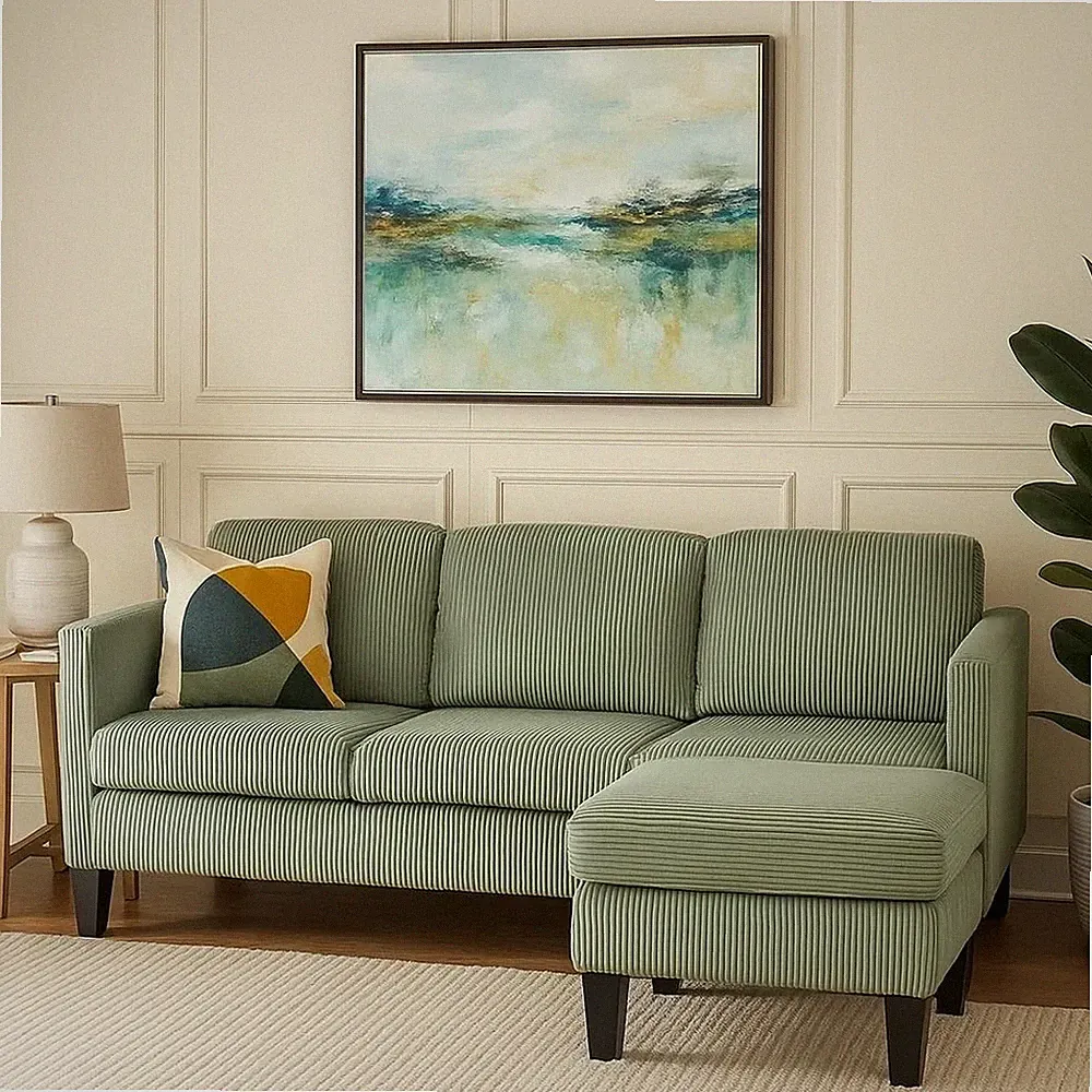 L-Shaped Convertible Sectional Sofa 3 Seater Corduroy Couch with Ottoman