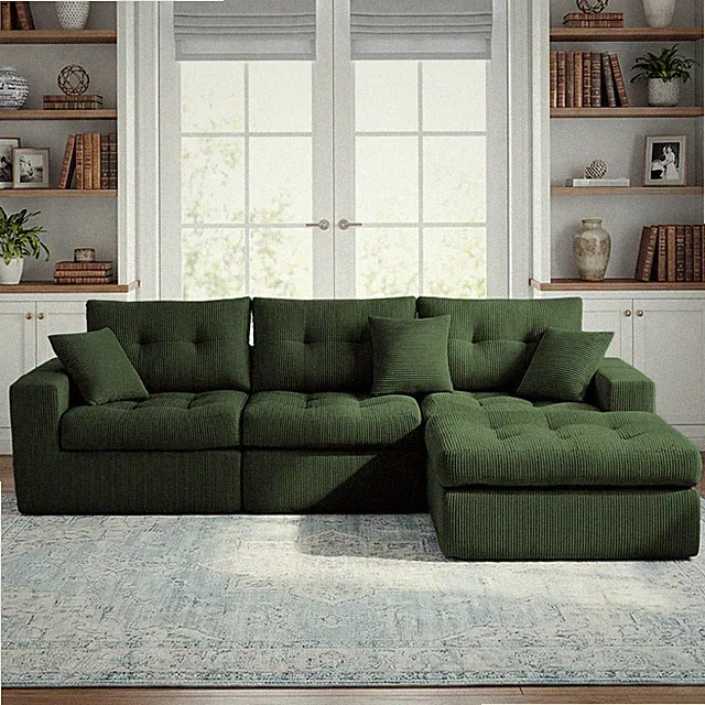L-Shaped Convertible Sectional Sofa Bed with Ottoman, Corduroy Couch
