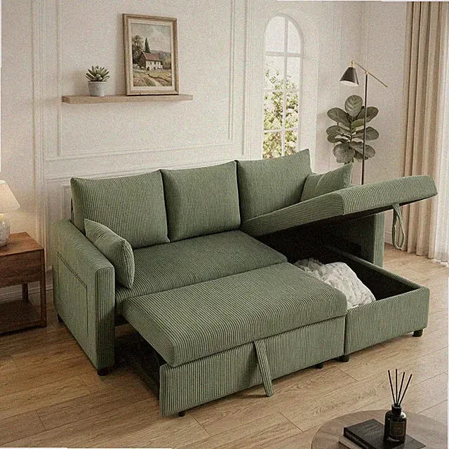 L-Shaped Convertible Sleeper Sofa with Storage Chaise, 3 Seats, Green