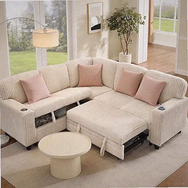 L-Shaped Convertible Sofa Bed with USB-C, Cupholders & Hidden Storage