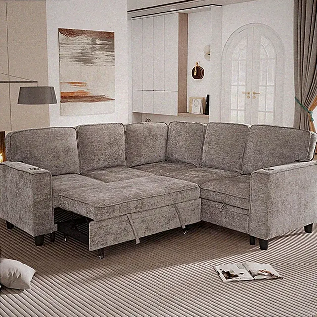 L-Shaped Convertible Sofa Bed with USB-C Ports & Hidden Storage, 81" Chenille