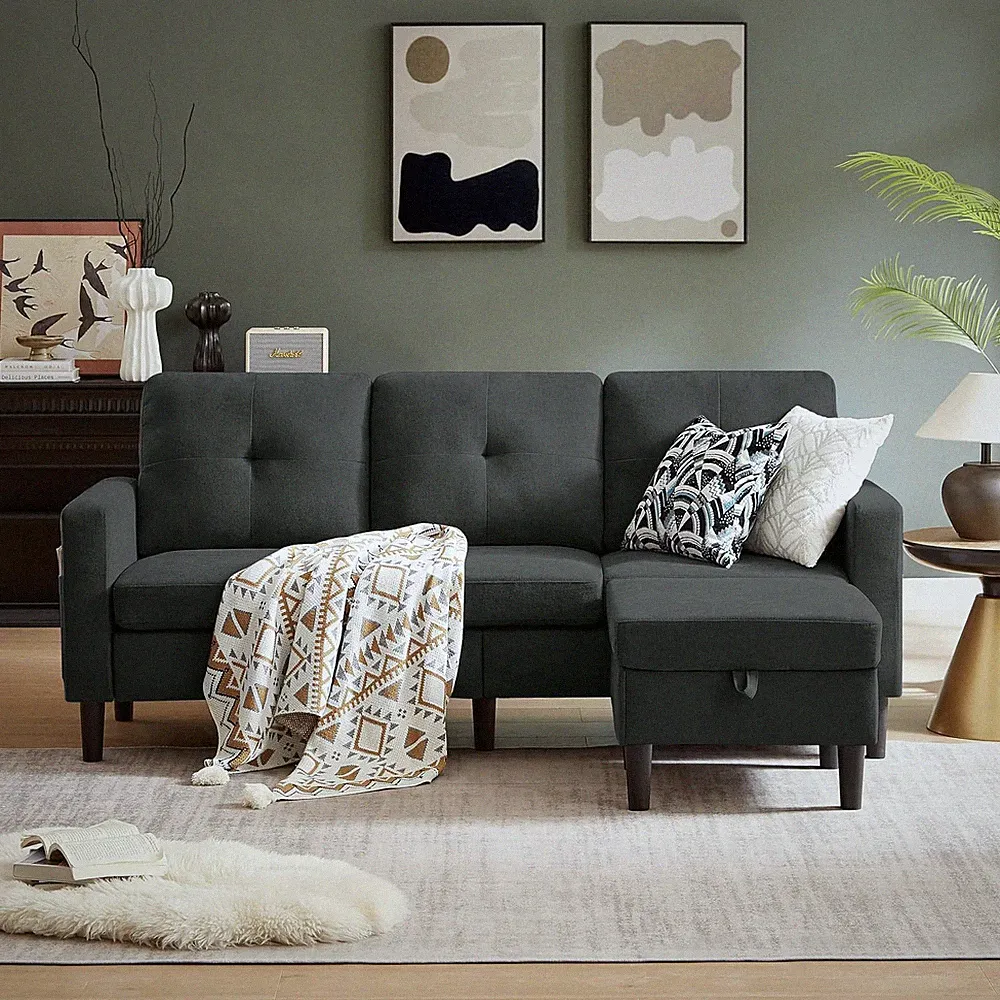 L-Shaped Convertible Sofa with Storage Ottoman - Space-Saving Black Design