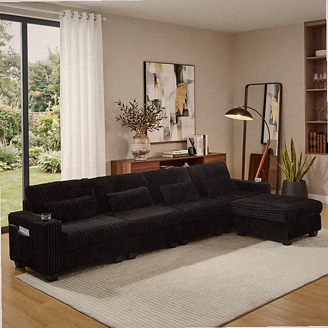 L-shaped Corduroy Modular Sectional Sofa w/Detachable Footrest,Dual Side Armres