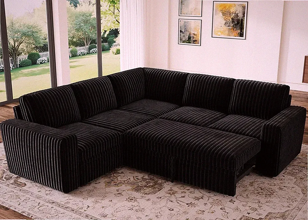 L-Shaped Corduroy Sectional Sofa Bed with Storage - Black