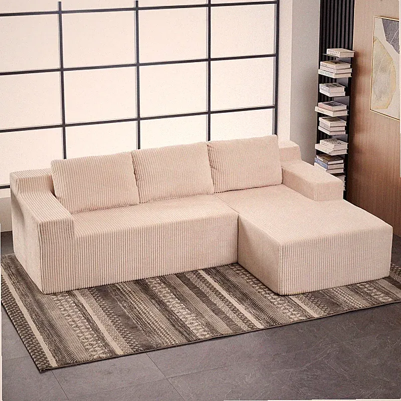 L-Shaped Corduroy Sectional Sofa Deep Seat Modular Cloud Couch Beige Oversized
