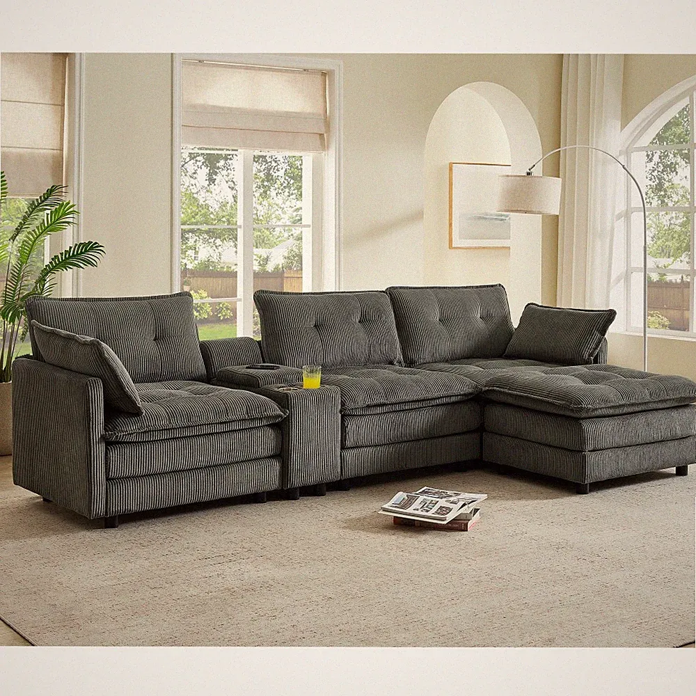 L-Shaped Corduroy Sectional Sofa w/ Console, USB & Ottoman for Living Room, Grey