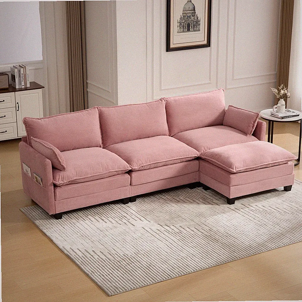 L-Shaped Corduroy Sectional Sofa w/ Ottoman for Living Room Office 4 Seat