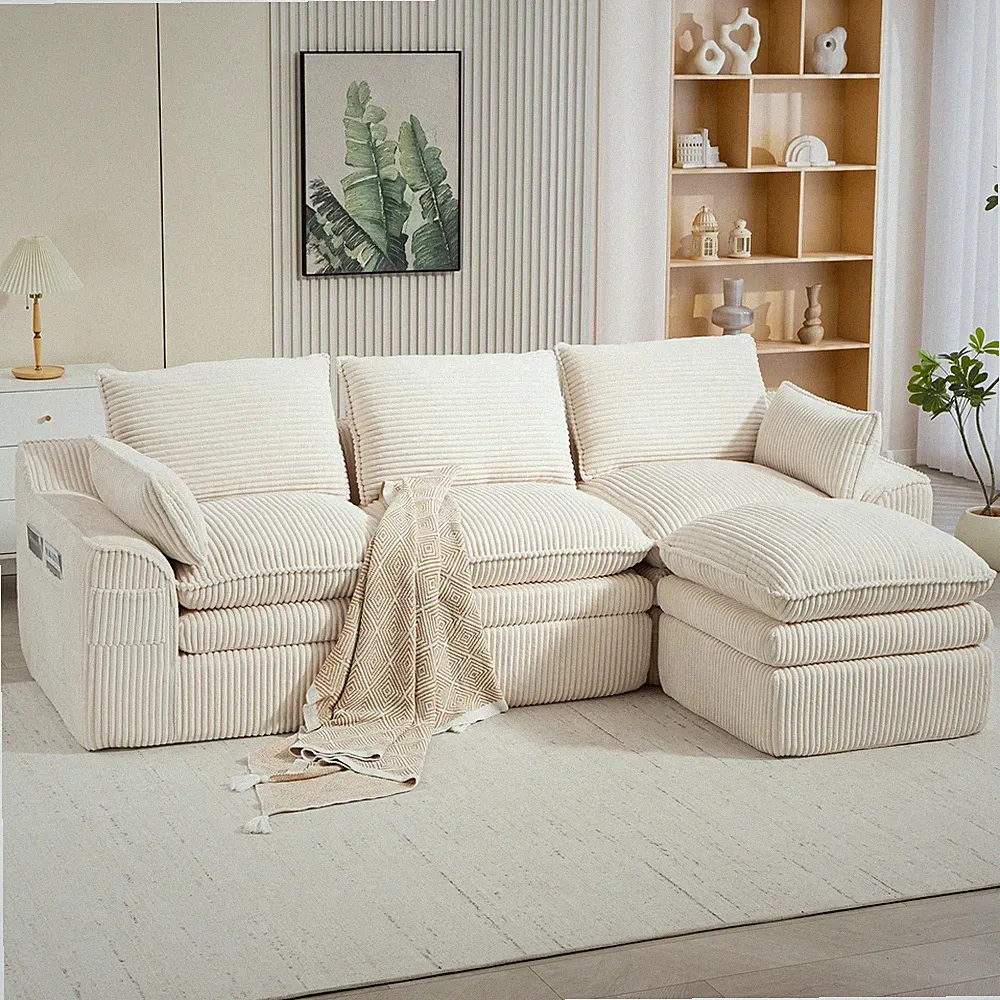 L-Shaped Corduroy Sectional Sofa with Movable Footstool, 3-Seater