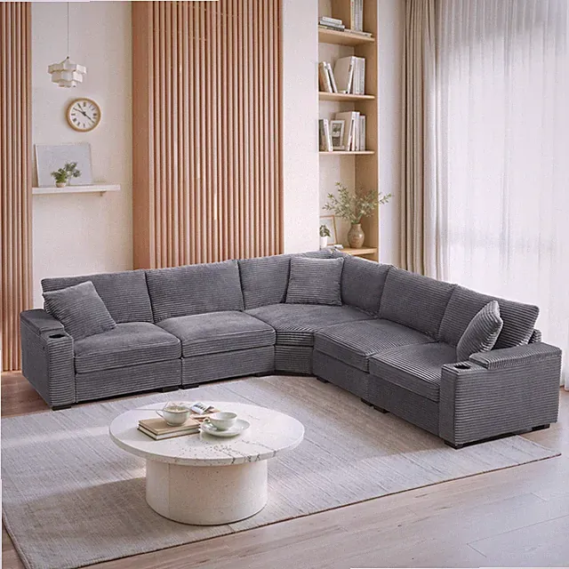 L-Shaped Corduroy Sectional Sofa with USB Chargers & Cup Holders