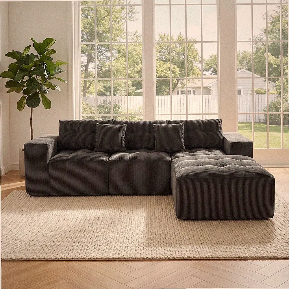 L-Shaped Corduroy Sofa 80" 3-Seat Modular Sectional w/ Chaise, Gray