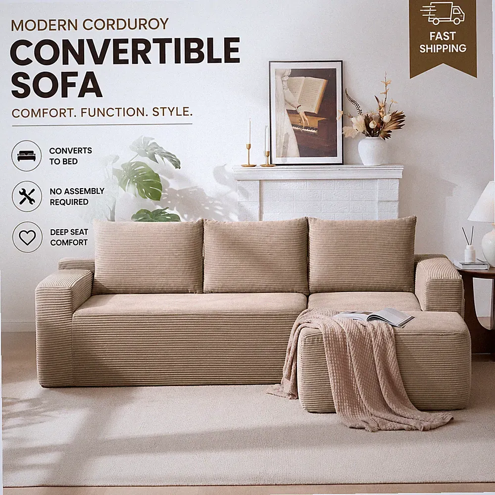 L shaped Corduroy Sofa Cloud Couch Compression Boneless Sofas