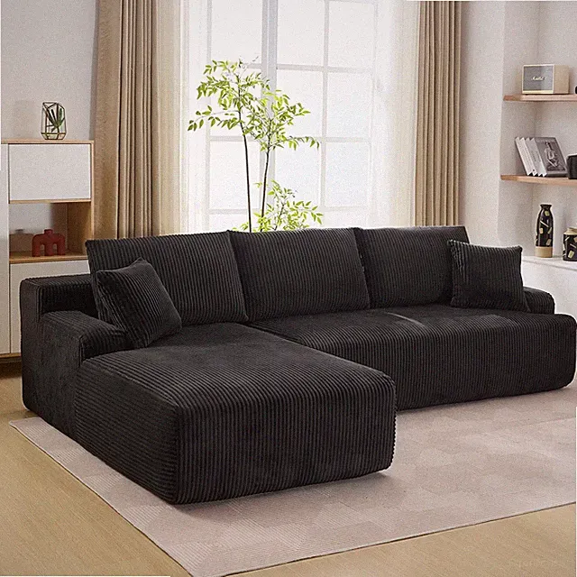 L Shaped Corduroy Sofa Cloud Couch Compression Boneless Sofas w/ 2 Throw Pillows