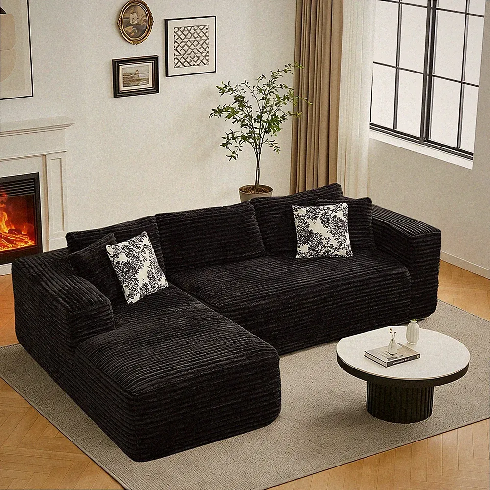 L Shaped Corduroy Sofa Cloud Couch Compression Boneless Sofas w/ 4 Throw Pillows