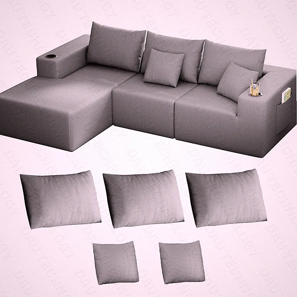 L Shaped Corduroy Sofa Cloud Couch Compression Boneless Sofas w/ 5 Throw Pillows