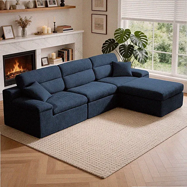 L-Shaped Corner Sofa with Chaise Longue & Sleeper, Dark Blue Chenille