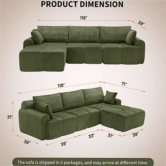 L Shaped Couch 118 Modular Sectional Sofa with Oversized Armrests High Backrest