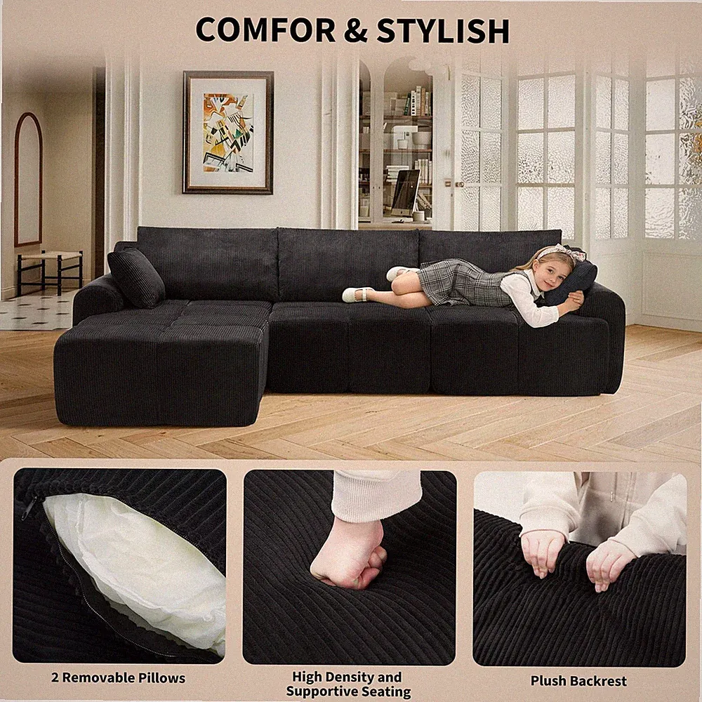 L Shaped Couch 118 Modular Sectional Sofa with Oversized Armrests High Backrest