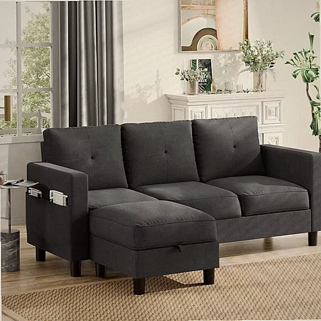 L-Shaped Couch 3 Seat Sofa Set with Linen Fabric and Ottoman Small Couch