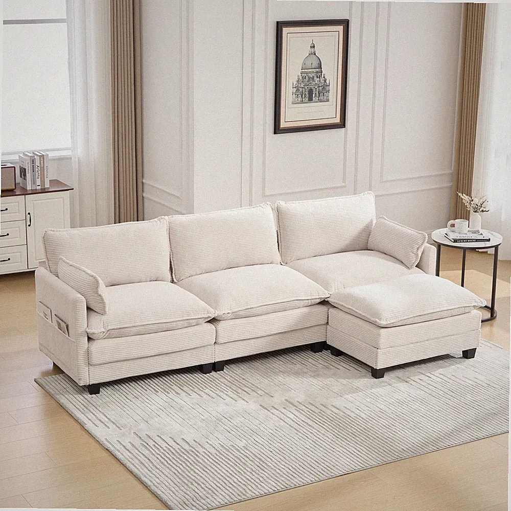 L-Shaped Couch Corduroy Large Modular Sectional Sofa 4 Seat w/ Movable Ottoman