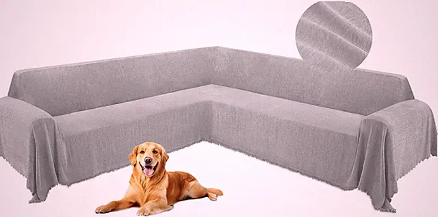 L-Shaped Couch Cover for Dogs - Washable Chenille Slipcover with Tassels