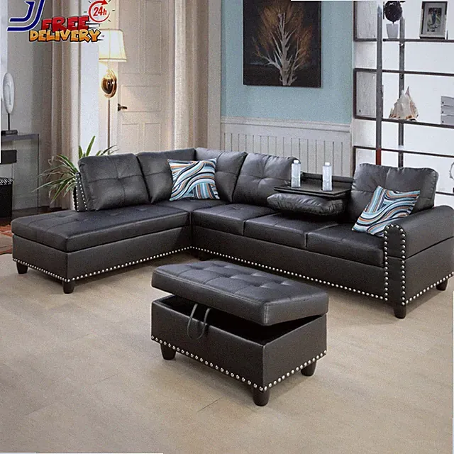 L Shaped Couch Modern Sectional Sofa with Left Chaise & Ottoman Modular Sofa Bla