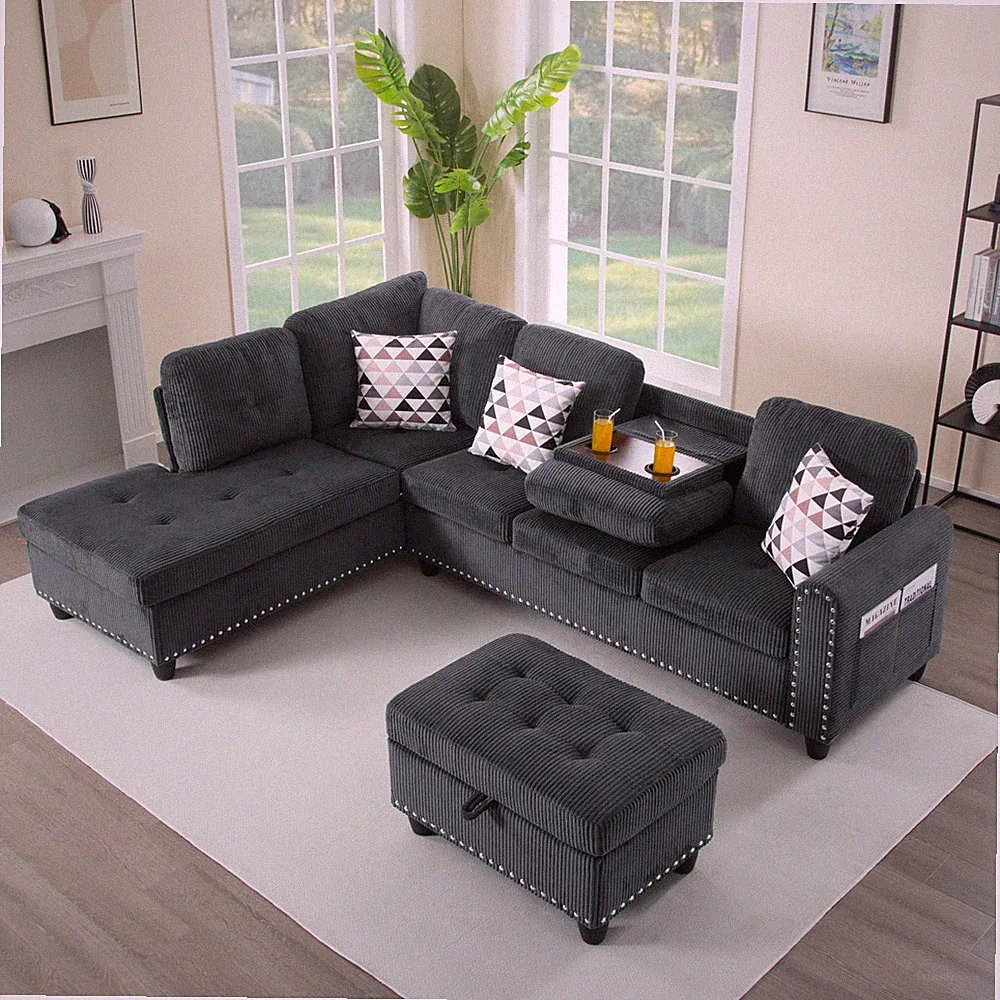L-Shaped Couch Modular Sectional Sofa Living Room Convertible Sofa W/Ottoman US