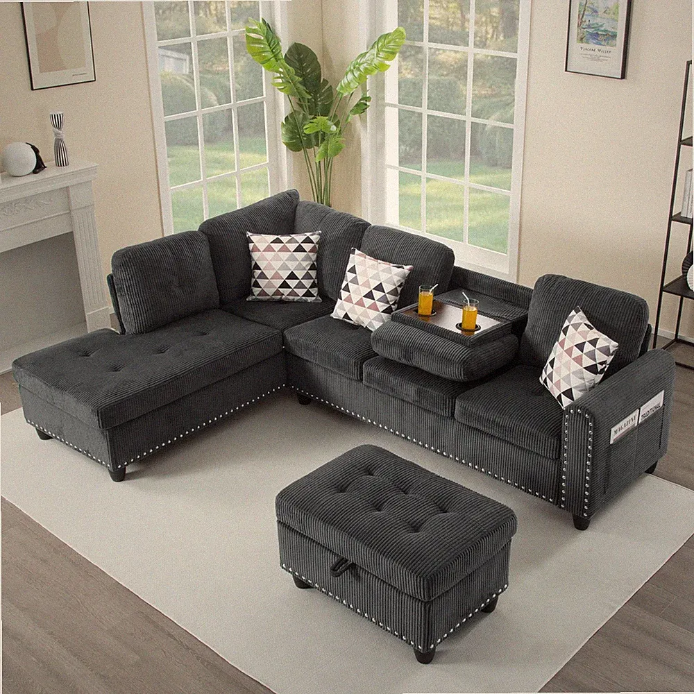 L-Shaped Couch Modular Sectional Sofa Livingroom Convertible Sofa With Ottoman