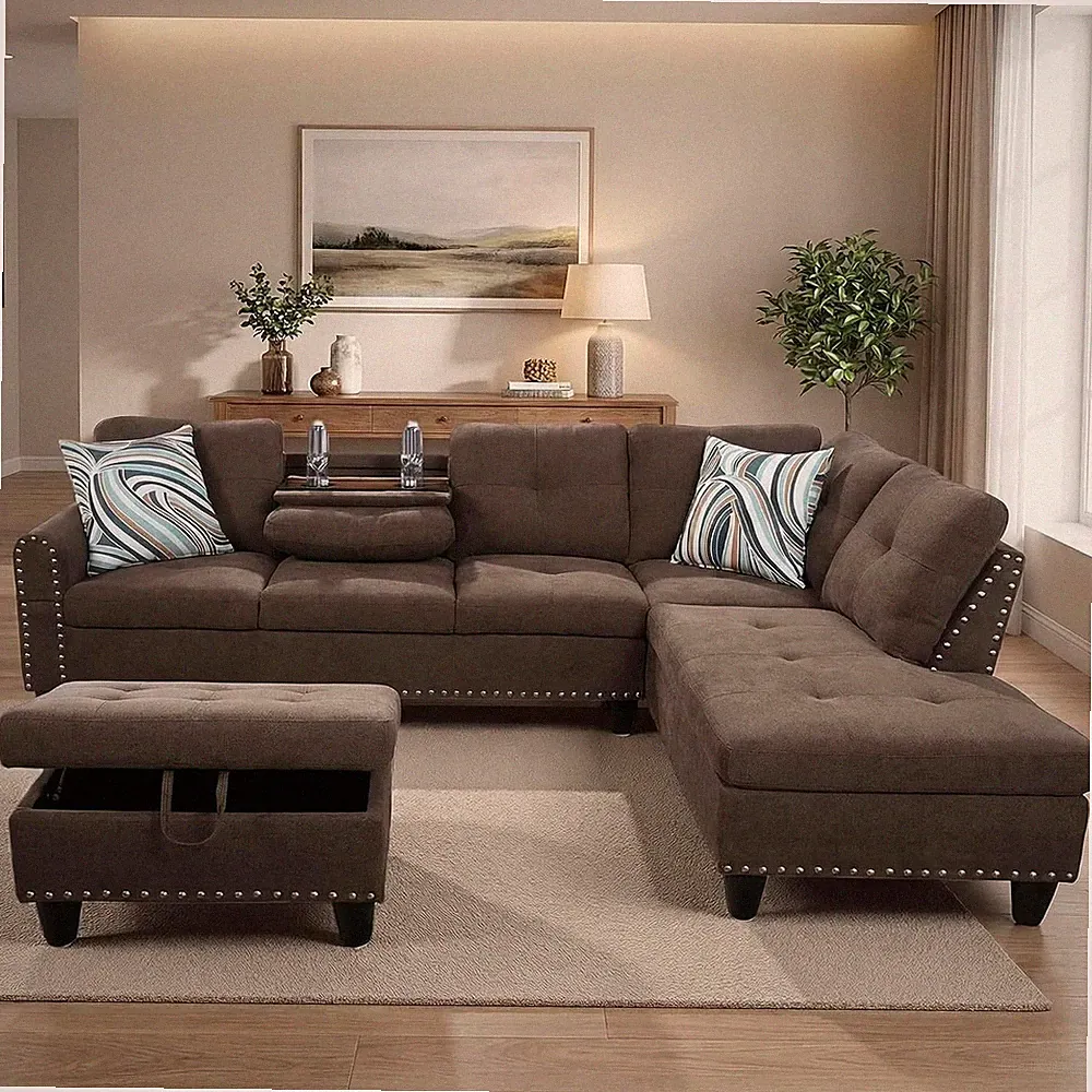 L-Shaped Couch Set, 97.5" L X 69.5" W Sectional Sofas Linen Brown