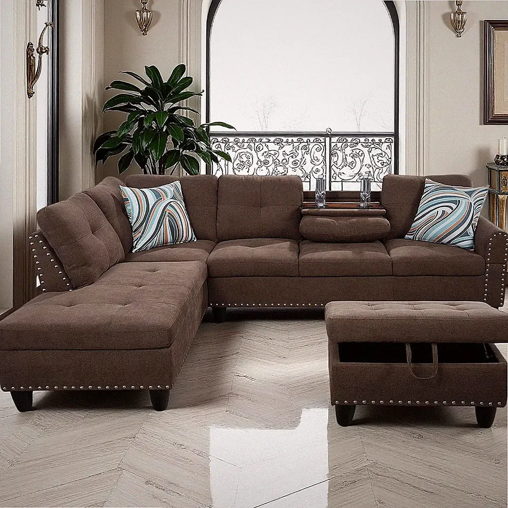 L-Shaped Couch Set, 97.5" L X 69.5" W Sectional Sofas Linen Brown | Memory Foam