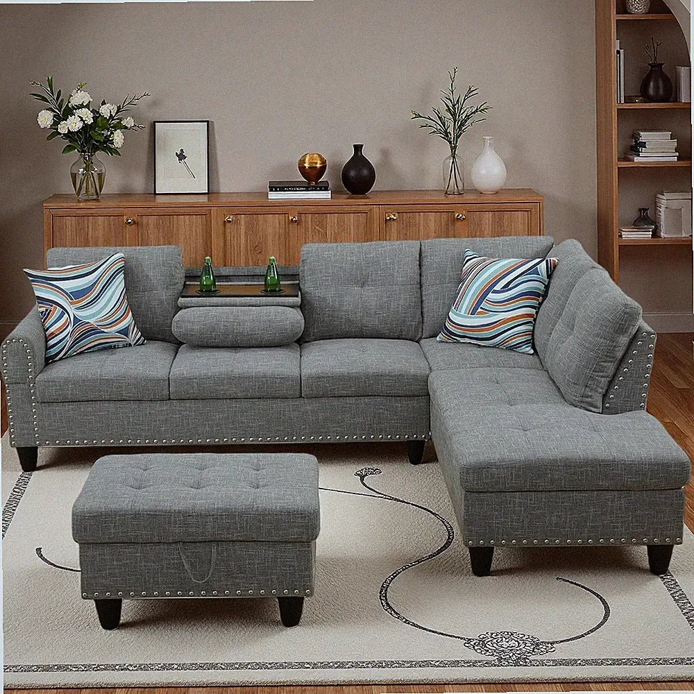 L-Shaped Couch Set, 97.5" L X 69.5" W Sectional Sofas Linen Grey