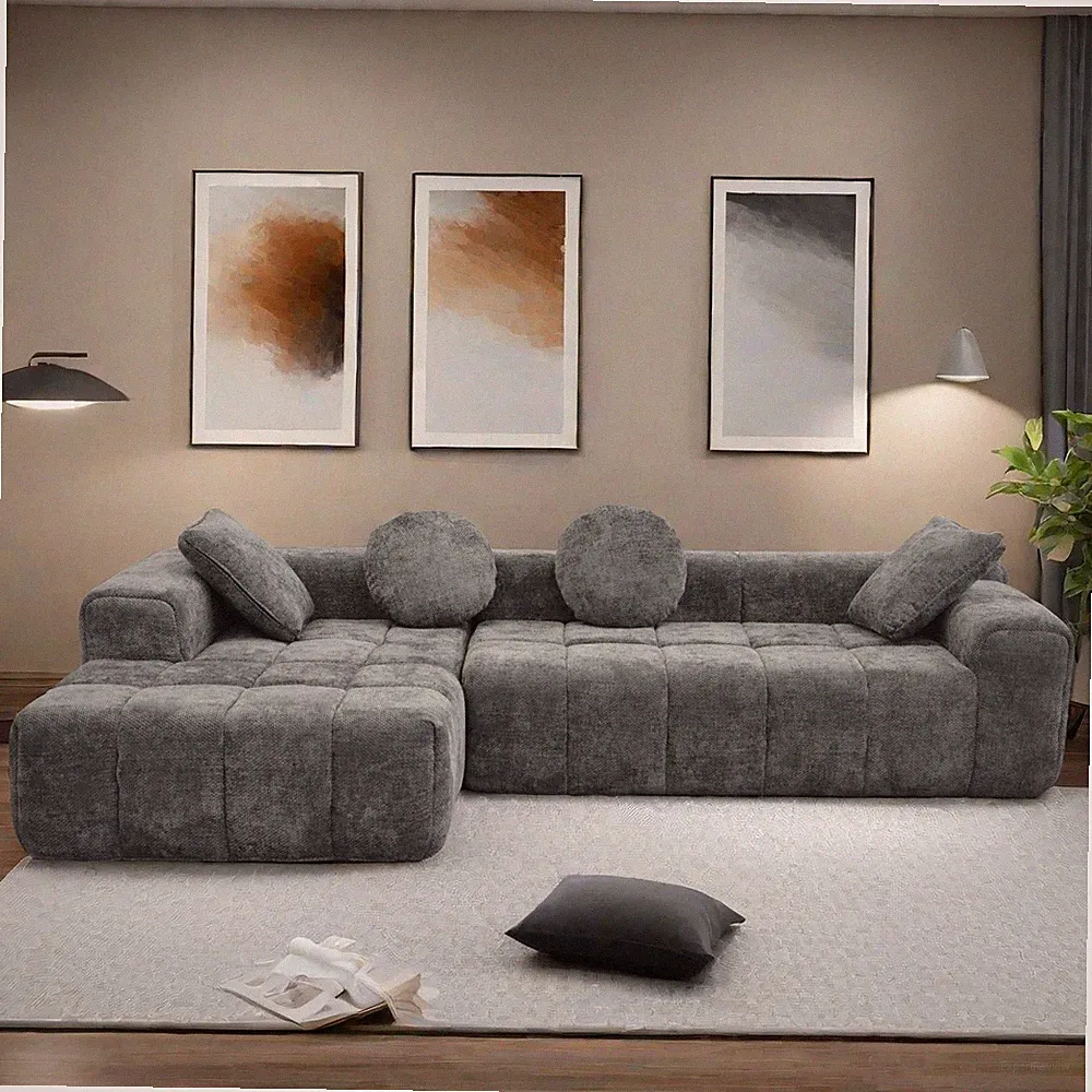 L-Shaped Dark Gray Compressed Sectional Sofa Modern Minimalist Style Corduroy