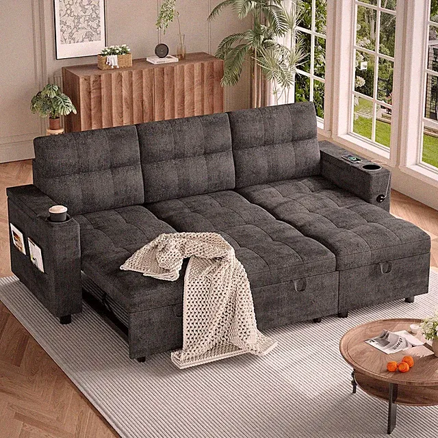L-Shaped Dark Grey Sofa Bed with Storage Chaise & USB Charging Ports