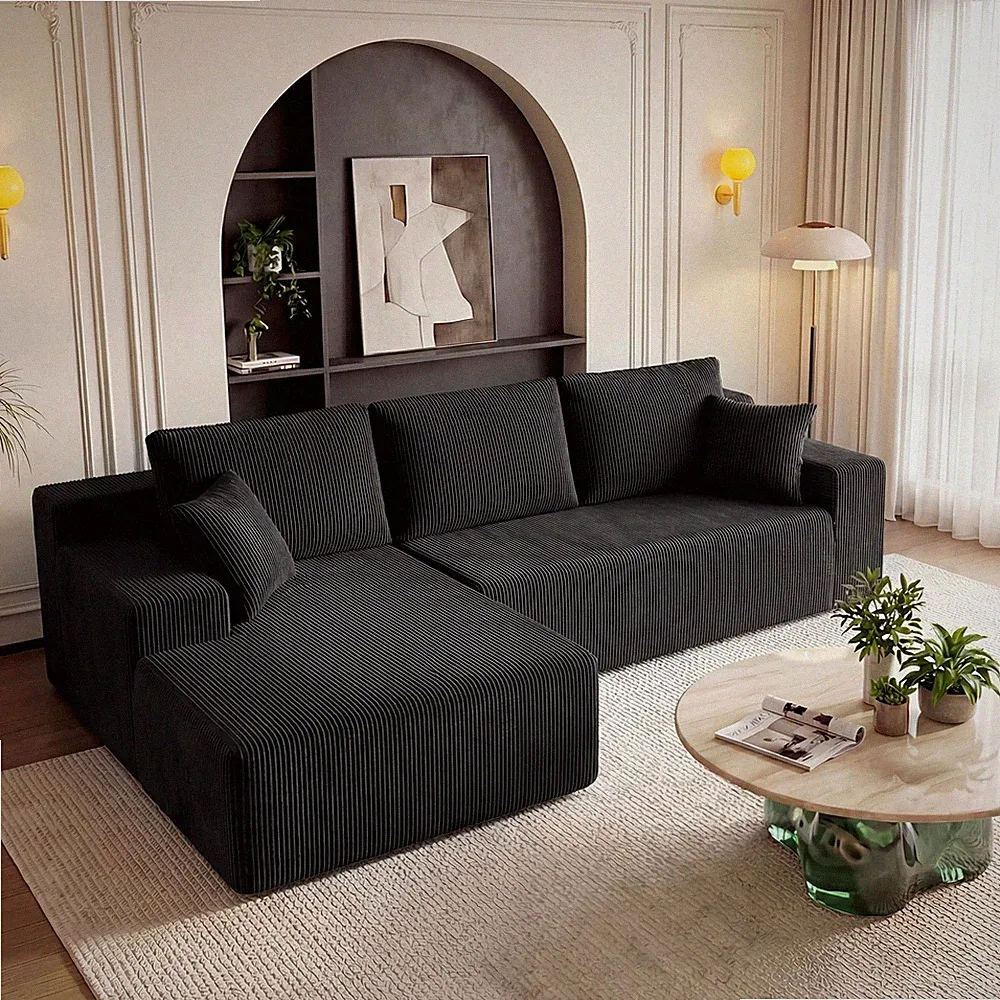L Shaped Deep Sectional Left Chaise Memory Foam Spineless 3-Seat Sofa Black