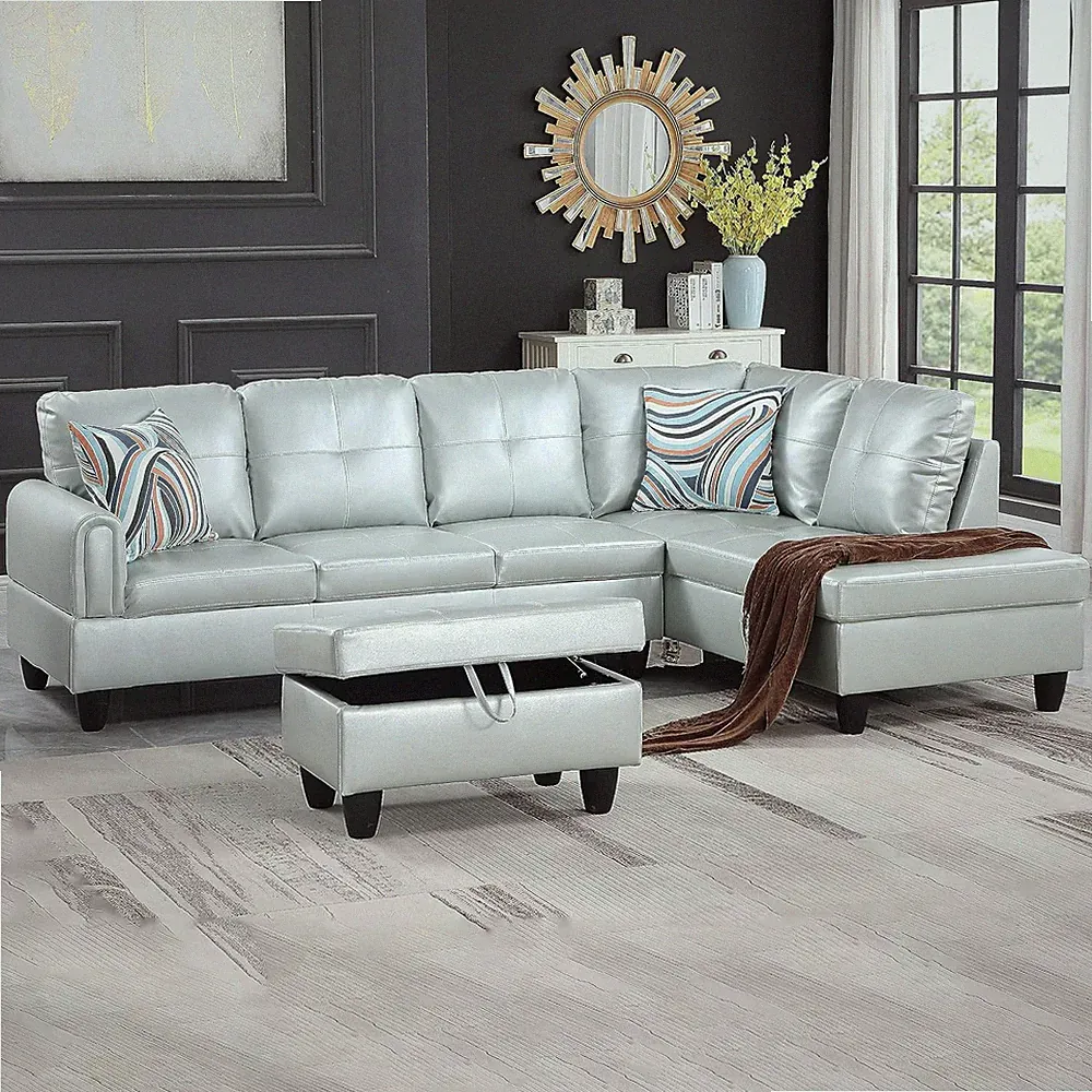 L-Shaped Faux Leather Sofa Set with Storage Ottoman for Living Room, Silver Gree