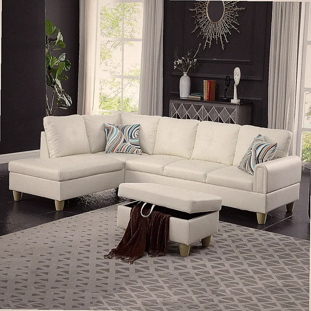 L-Shaped Faux Leather Sofa Set with Storage Ottoman for Living Room, White