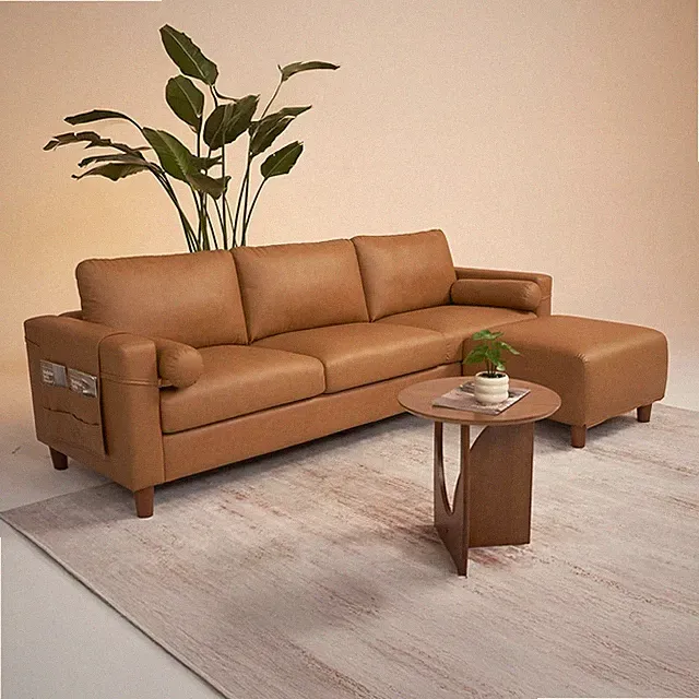 L Shaped Faux Leather Sofa with Ottoman - 3 Seater Mid Century Modern Design