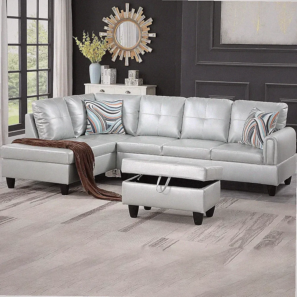 L-Shaped Faux Leather Sofa with Storage Ottoman for Living Room & Office