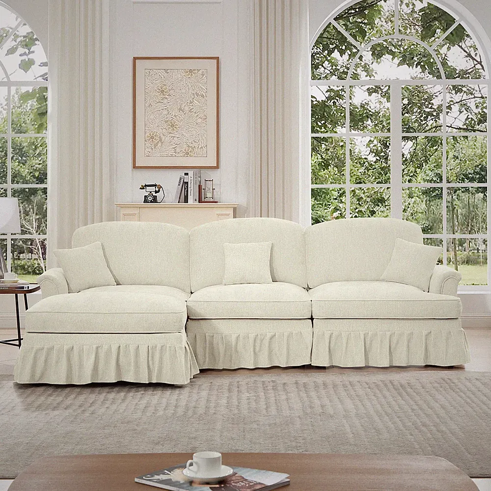 L-Shaped Flared Arm Sectional Sofa 3-Seat w/ Ottoman & Removable Ruffles