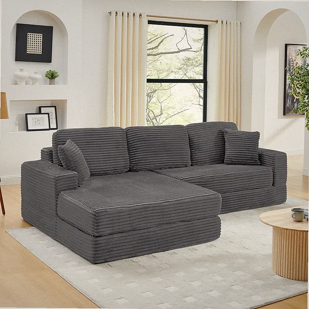 L-Shaped Gray Corduroy Sectional Sofa Converts to Queen Bed