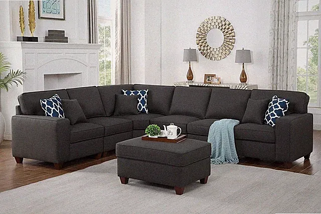 L-Shaped Gray Sectional Sofa with Movable Ottoman & 6 Pillows for Living Room