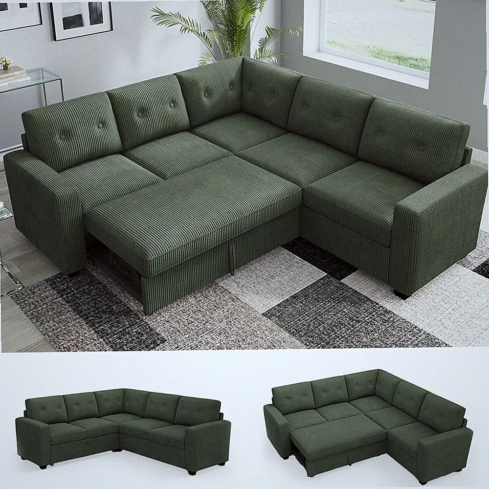 L-Shaped Green Corduroy Sectional Sleeper Sofa with Pull Out Bed, 5 Seats