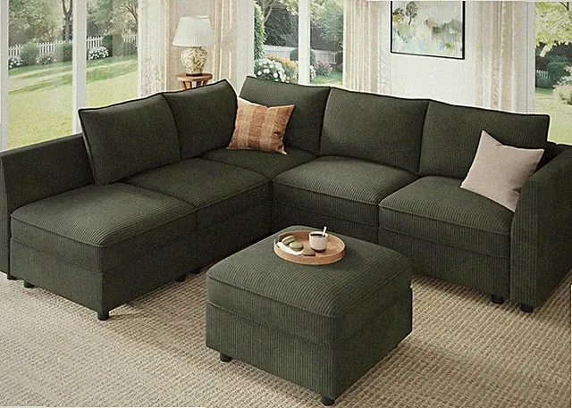 L-Shaped Green Modular Sleeper Sofa with Storage for Living Room