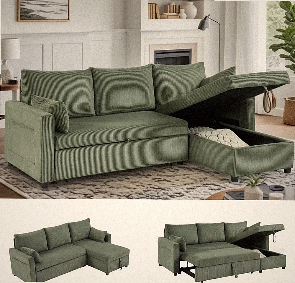 L-Shaped Green Queen Sleeper Sofa Bed with Storage, 85 Inch Sectional Couch