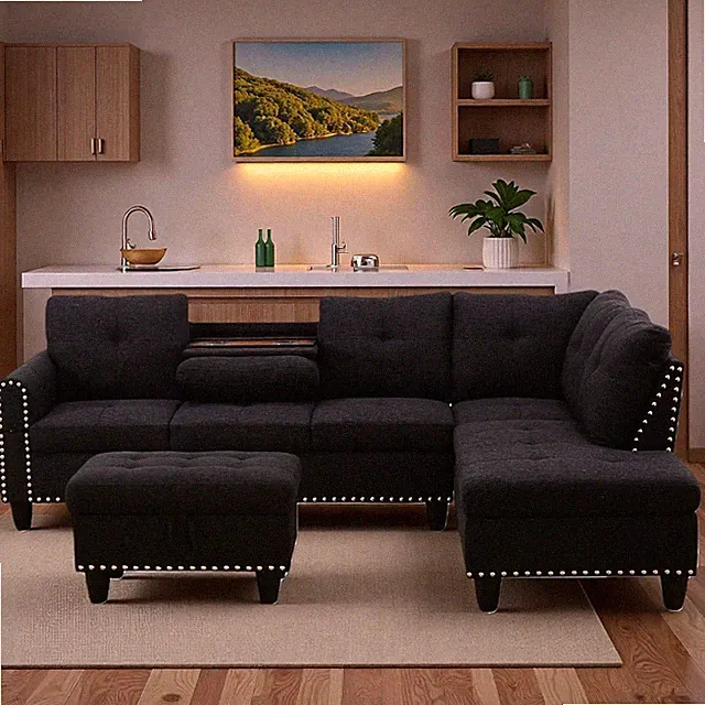 L-Shaped Grey Sectional Couch with Movable Chaise & Storage Ottoman