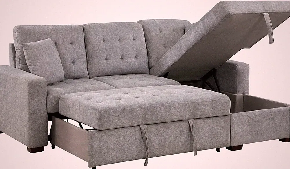 L-Shaped Grey Sectional Sofa with Storage Chaise & Pull-Out Bed, 83.5