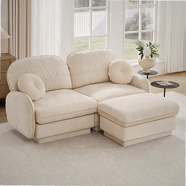 L-Shaped Loveseat Sofa Chenille with Movable Ottoman Cream Beige
