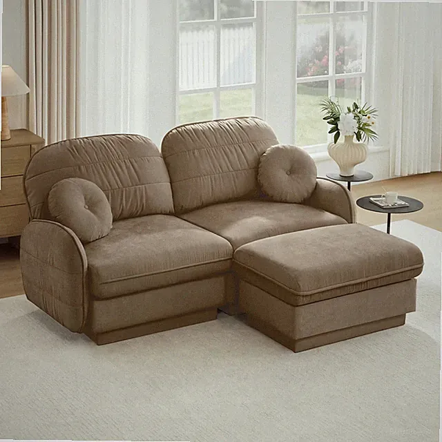 L-Shaped Loveseat Sofa Chenille with Movable Ottoman Light Coffee