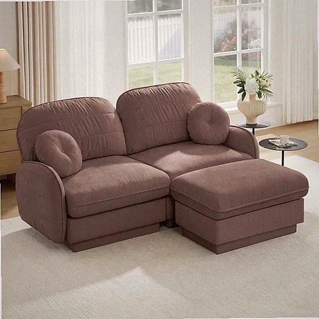 L-Shaped Loveseat Sofa Chenille with Movable Ottoman Rose Dust
