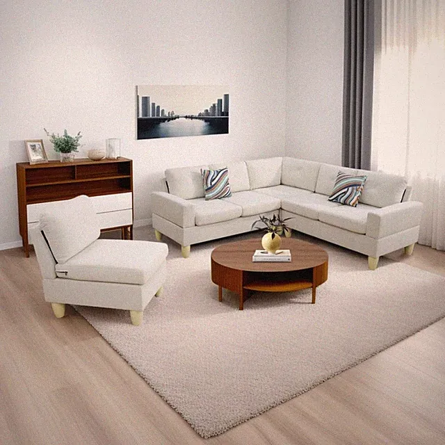 L-Shaped Modern Sectional Sofa with Pillows - Cozy White Flannel Design